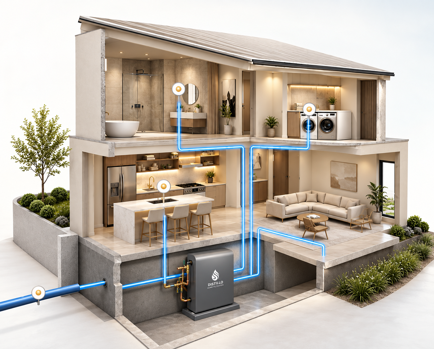 Cutaway of a two storey home showing the Distillo whole-house filtration unit routing filtered water to the bathroom, laundry, kitchen and living areas