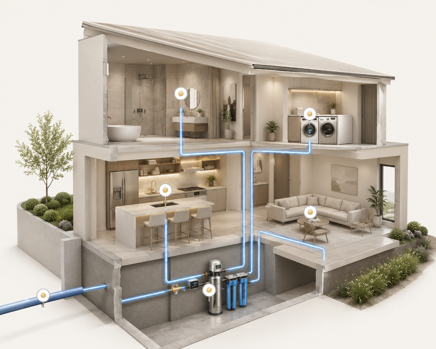 Cutaway of a home showing the Distillo whole-house water filtration system routed to the bathroom, laundry, kitchen and living areas